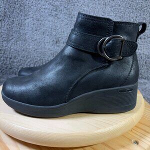 Skechers Boots Pier Lite Wedge Heel Ankle Booties Womens Size 8.5 Black Leather